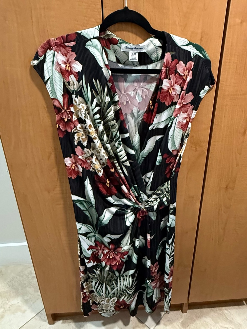 Tommy Bahama Black Floral Wrap Midi Dress with Red and Green Botanicals